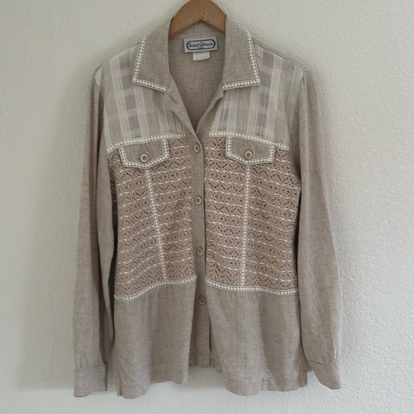 Vintage Saint Germain Paris Oatmeal Lace Button Down Linen Cotton Blend Top Boho - Picture 11 of 13